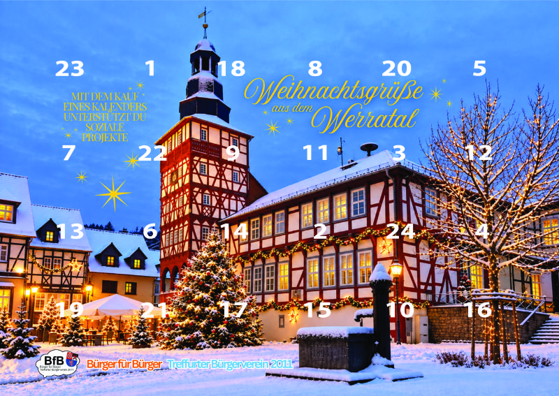 Titelbild des Adventskalenders 2026: das verschneite Rathaus Treffurt mit 24 Türchen