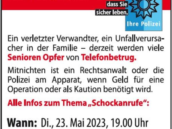 Plakat zur Info-Veranstaltung „Schockanrufe bei Senioren“