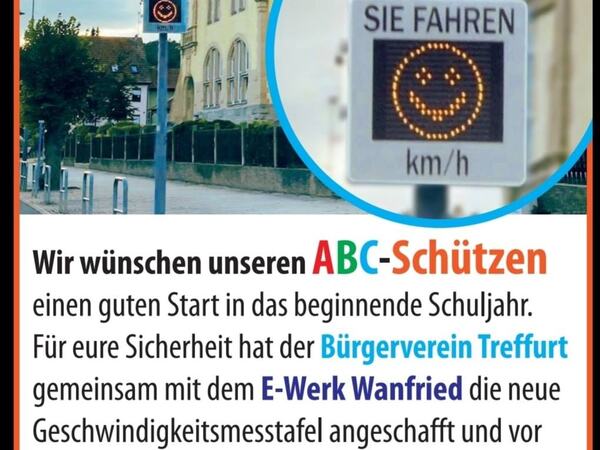 Geschwindigkeitswarntafel mit Gruß an die ABC-Schützen